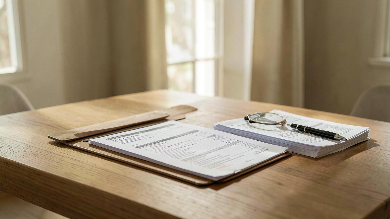 Dossier de diagnostics immobiliers sur un bureau en bois, avec stylo et lunettes, lumière naturelle