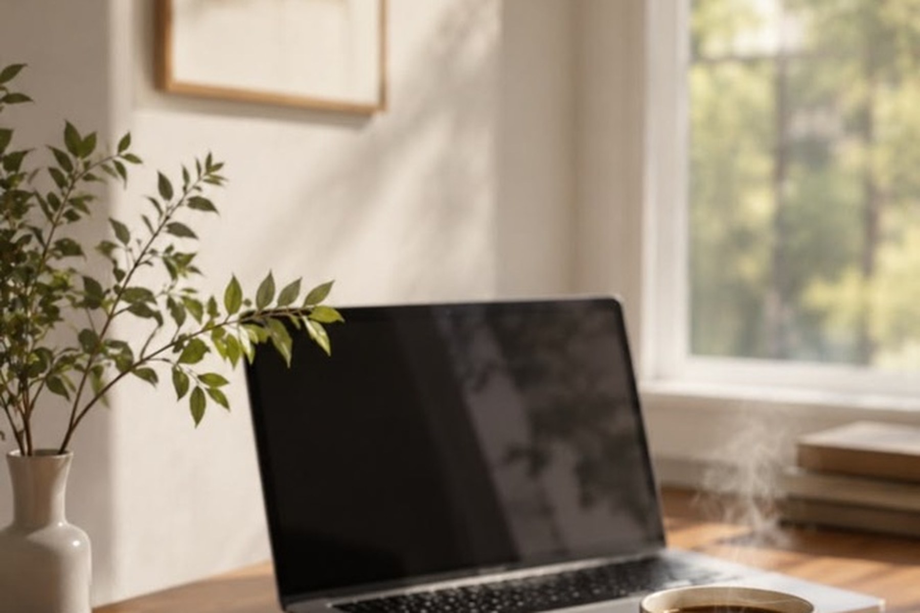 Bureau lumineux avec ordinateur portable, carnet ouvert et tasse de café
