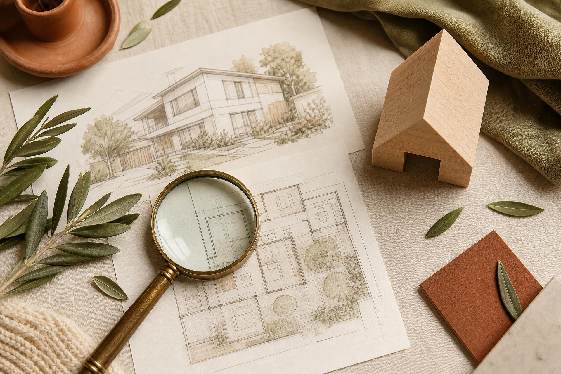 Graphiques de prix immobiliers, loupe et maisons en bois sur un bureau