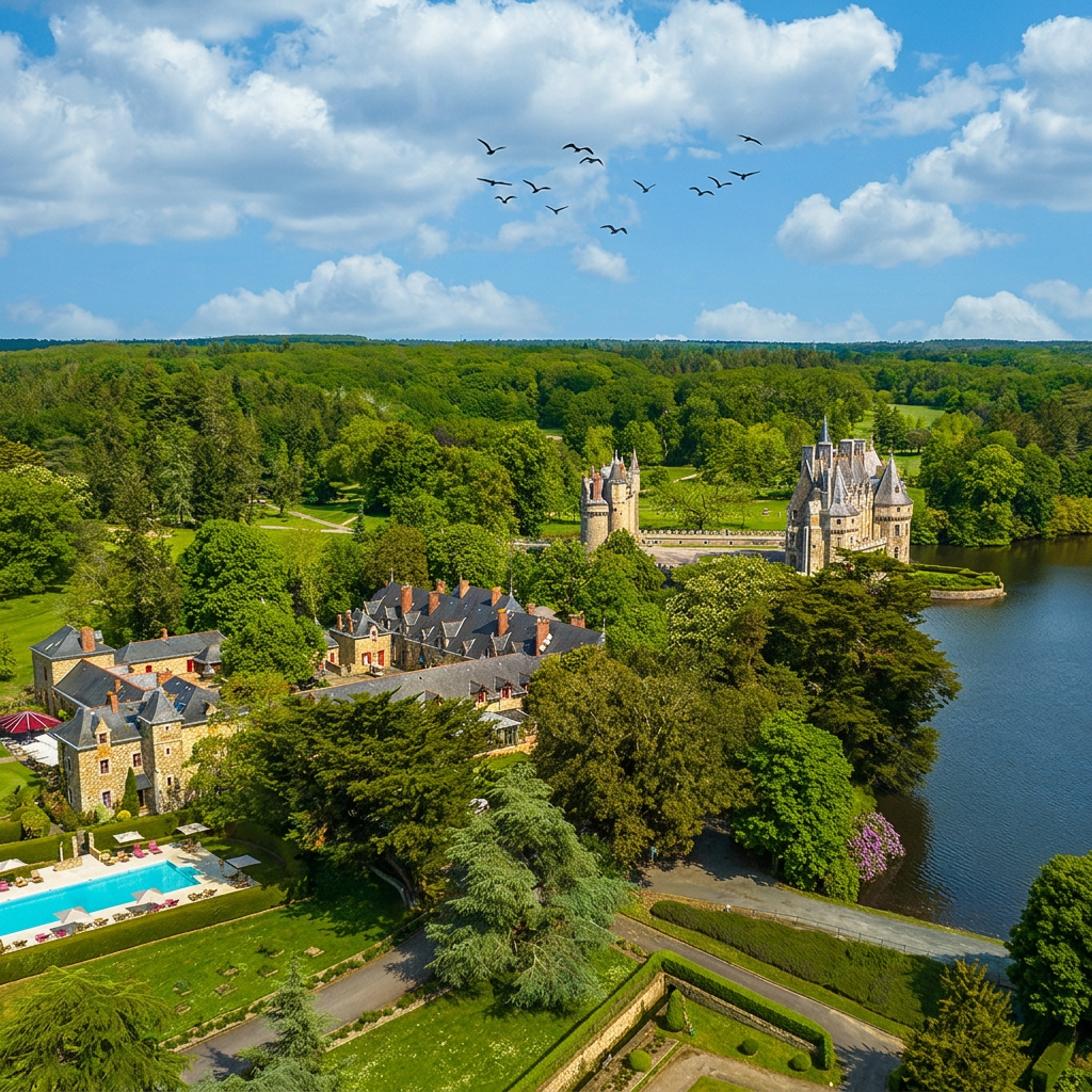 Vue aérienne du château de la Bretesche à Missillac, son étang, son parc boisé et ses dépendances en pierre