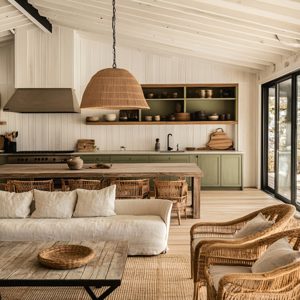 Séjour ouvert sur cuisine, murs blancs, meubles vert olive, bois brut et fibres naturelles